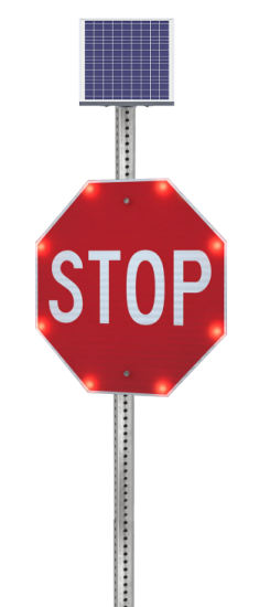 Solar powered stop sign with flashing LEDs around the edge