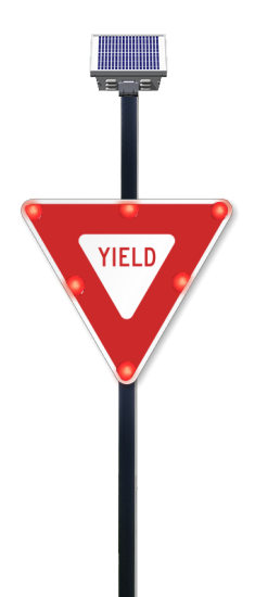 Solar powered yield sign with flashing LED lights